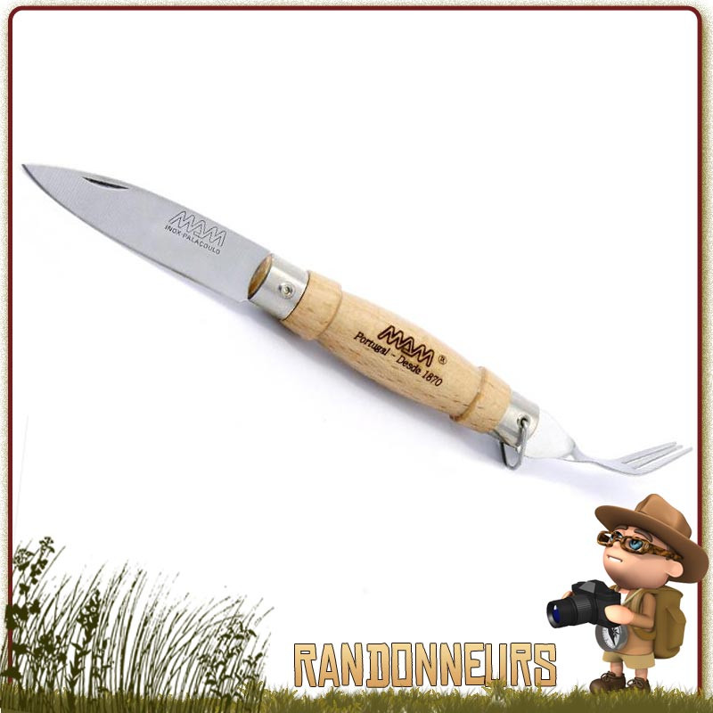 Set Couteau et Couverts de Camping M.A.M. Lame acier inox 6 cm. Manche Hêtre 8 cm idéal pour le trekking