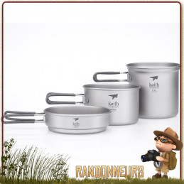 Set Popote Titane 3 Pieces Keith avec pot, casserole et poele ultra leger pour randonner