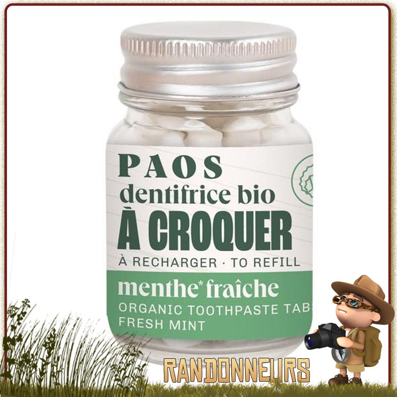 Dentifrice bio menthe fraiche à Croquer PAOS ingrédients naturels de voyage camping randonnee