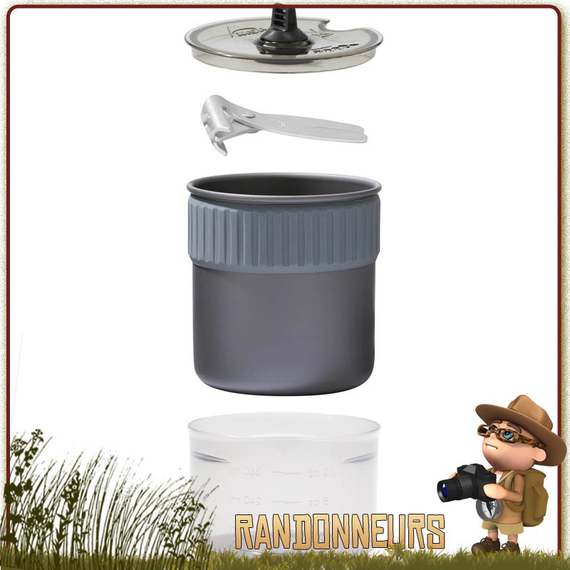 Popote Randonnée Trail Mini Duo MSR 2 personnes casserole alu HA de 1.2L couvercle passoire, pince preneuse gobelet gradué