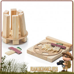 kit allume feu bushcraft Petromax. Composé d'allumettes, copeaux de bois imbibés de cire, morceaux de bois sec