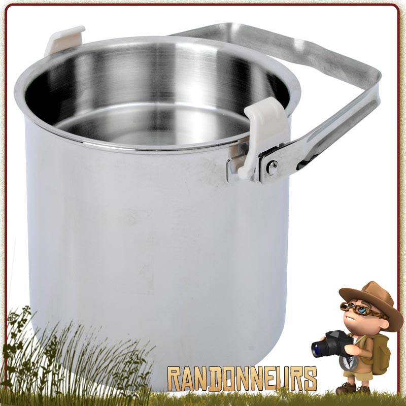 Billy Can relags pot en inox avec poignée de suspension autant pour le transport que la cuisson sur un feu de camp