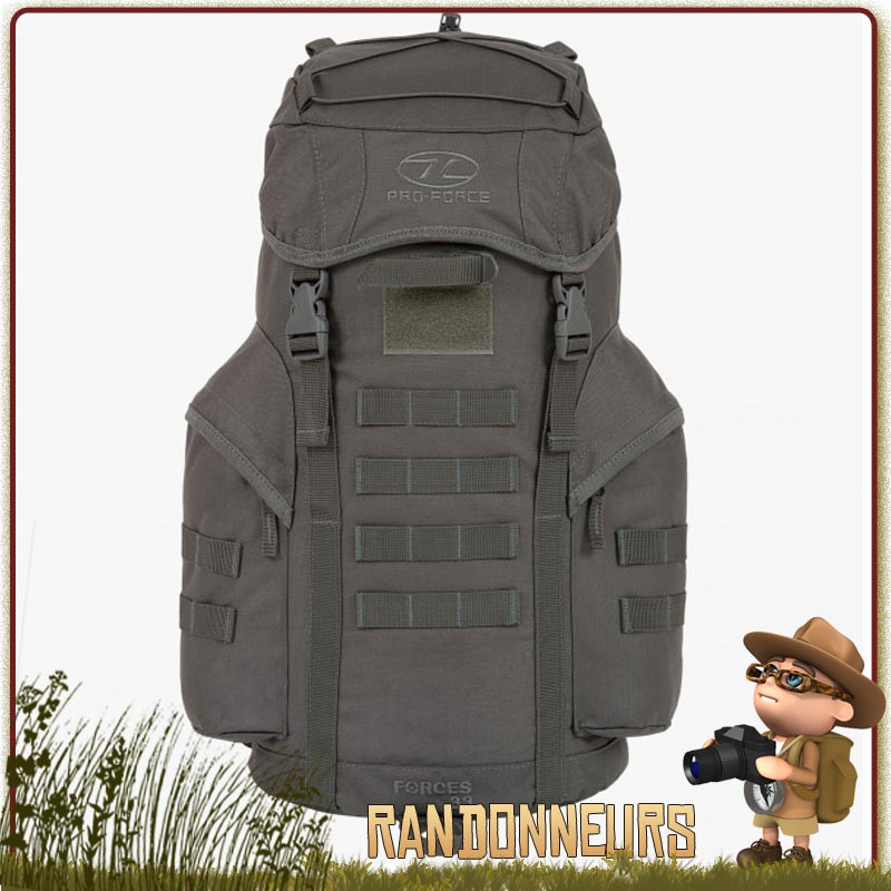 sac à dos randonnée bushcraft 33 litres force highlander système fixation molle double grande poche latérale